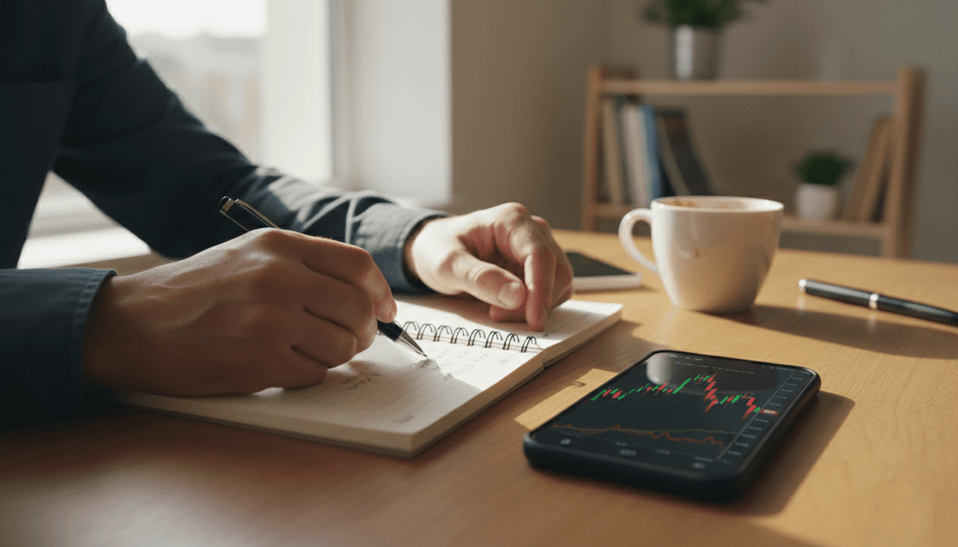 Hands resting on an open notebook beside a phone displaying a stock chart