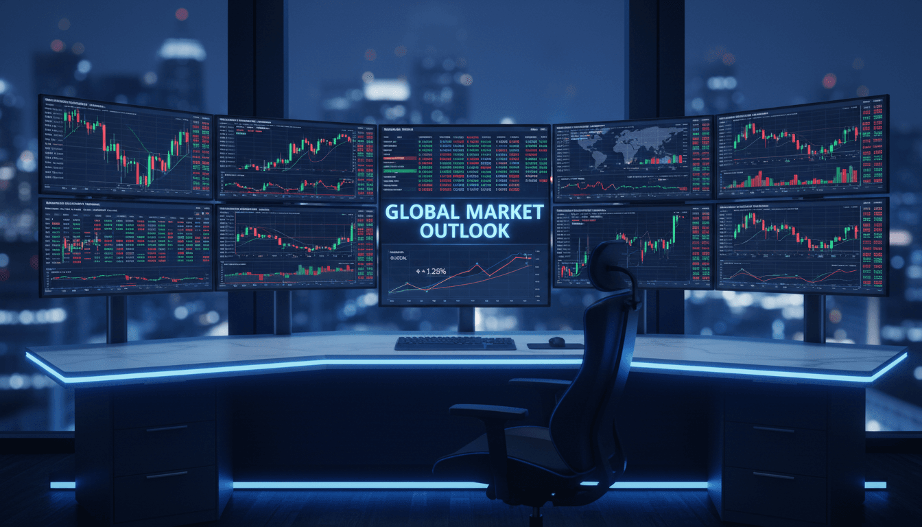 Professional trading workspace with stock market charts and financial data displayed on screens