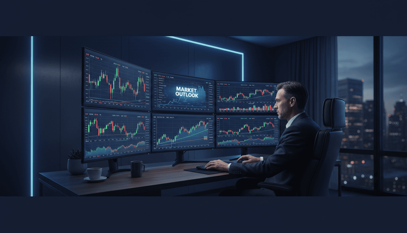 Investor reviewing market data and stock charts on computer screens