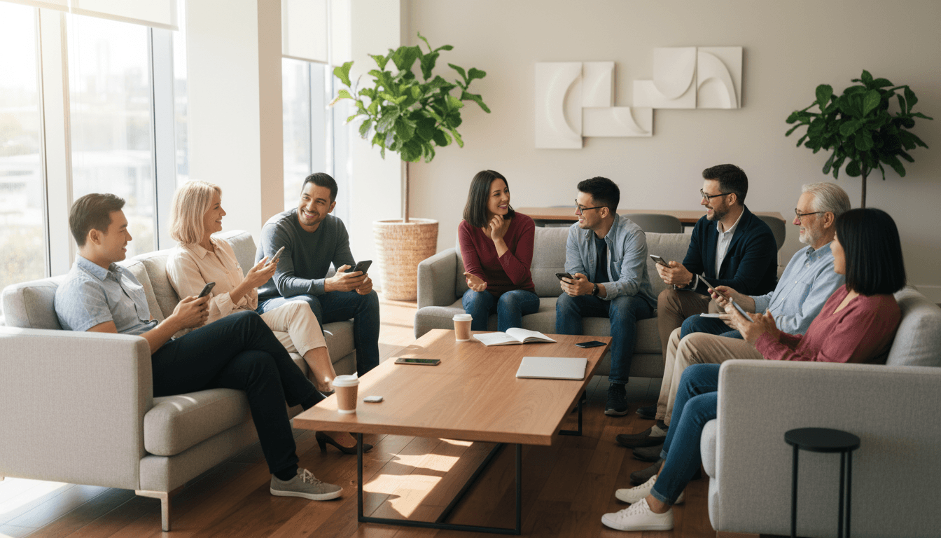 Diverse group of professionals collaborating with mobile devices in modern casual workspace with natural lighting and inclusive atmosphere