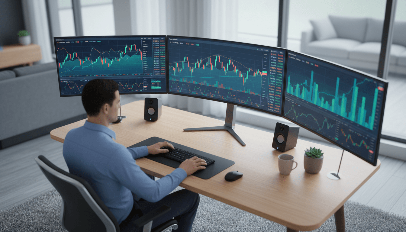 Trader reviewing stock market charts and financial data on computer screens
