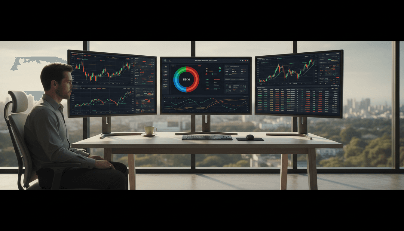 Professional trader reviewing market charts and data on desktop monitors