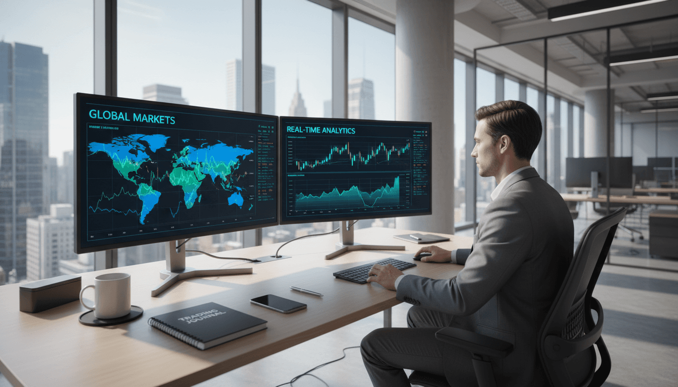 Trading workspace with laptop and financial tools